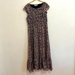 VTG Cottage Core  Floral Spring Summer Flutter Sleeve Ruffle Hem Maxi Dress